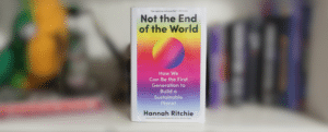 A single book, titled "No One's World" by Hannah Ritchie, rests upright on a flat surface. The book's cover is in sharp focus, while the background is softly blurred, highlighting the book as the main subject of the photo.